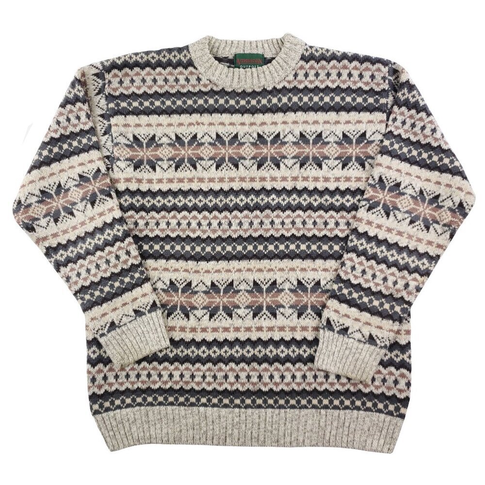 Fair Isle Sweater Vintage American Outpost Knit Snowflake Geometric Men's Medium